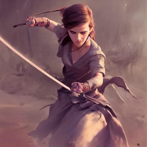 Image similar to portait of a emma watson swinging her katana, front game card, drark, marvel comics, dark, intricate, highly detailed, smooth, artstation, digital illustration by ruan jia and mandy jurgens and artgerm and wayne barlowe and greg rutkowski and zdislav beksinski