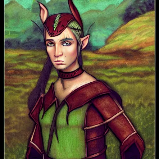 Prompt: fantasy portrait of an elf warrior with a field in the background, in the style of Josh Corpuz