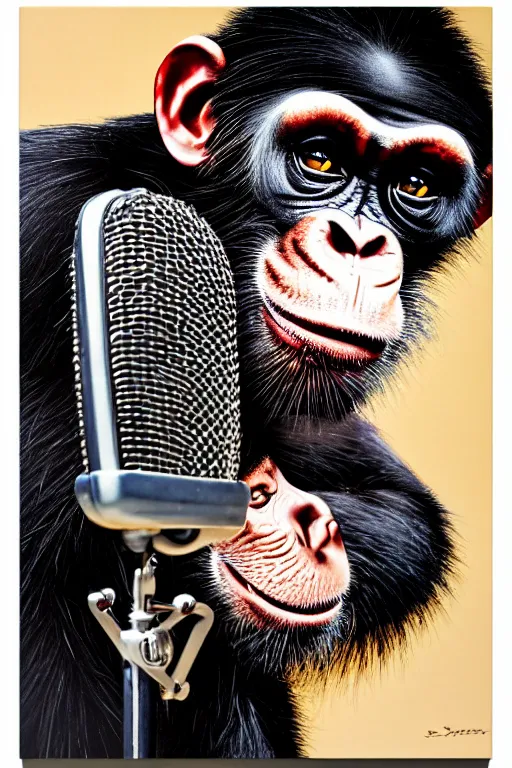 Image similar to a portrait of an anthropomorphic rockstar chimp singing into a microphone on a stand by sandra chevrier, by jon foster, detailed render, tape deck, epic composition, cybernetics, 4 k realistic, cryengine, realistic shaded lighting, sharp focus, masterpiece, by enki bilal