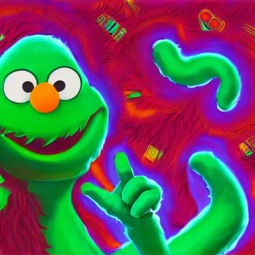 Image similar to painting of a twisting, looping, abomination of a creature, space demon Elmo from the Sesame Street dimension, high quality, 4k, featured on ArtSpace