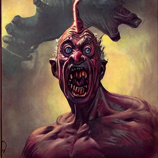 Image similar to upper body portrait of a bloated demonic man, by norman rockwell and boris vallejo, artstation, horror, concept creature character art