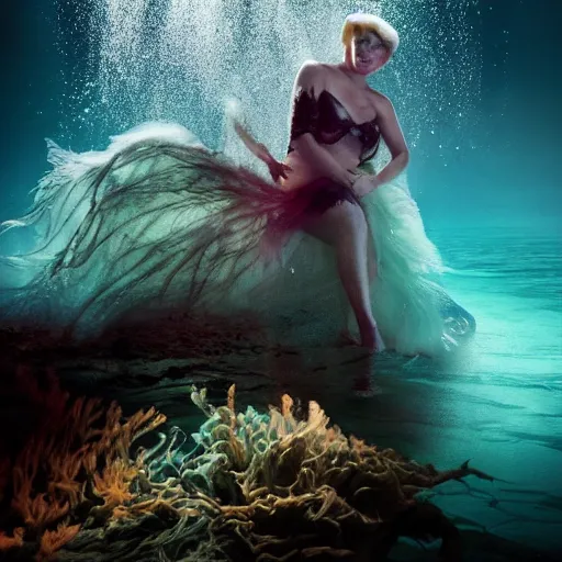 Image similar to Trump as Ursula the sea witch underwater, 8k, professional photography, cinematic shot, dark, smoke