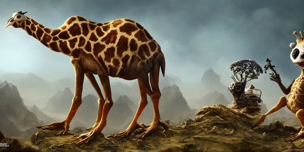 Image similar to alien giraffe panda frog on alien planet, lowbrow, 8 k, matte painting,