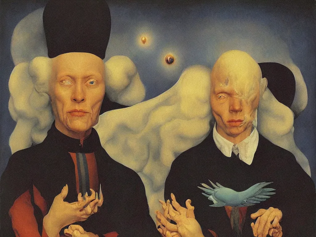 Image similar to Portrait of albino mystic with blue eyes, with atomic explosion. Painting by Jan van Eyck, Audubon, Rene Magritte, Agnes Pelton, Max Ernst, Walton Ford