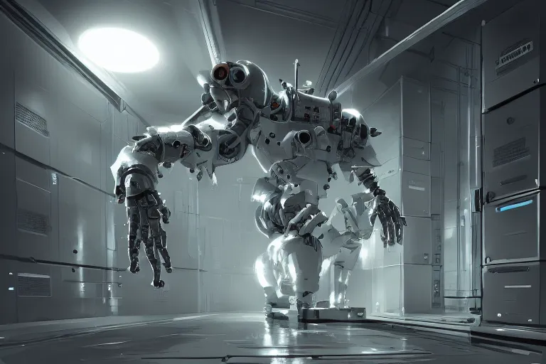 Image similar to parallax datacenter server room single mono colossus white rusty android robosaurus in artstation cinematic detailed concept art volumetric light sharp coherent cgsociety rutkowski