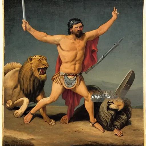 Image similar to a victorious roman gladiator in the arena one feet on top of a defeated lion