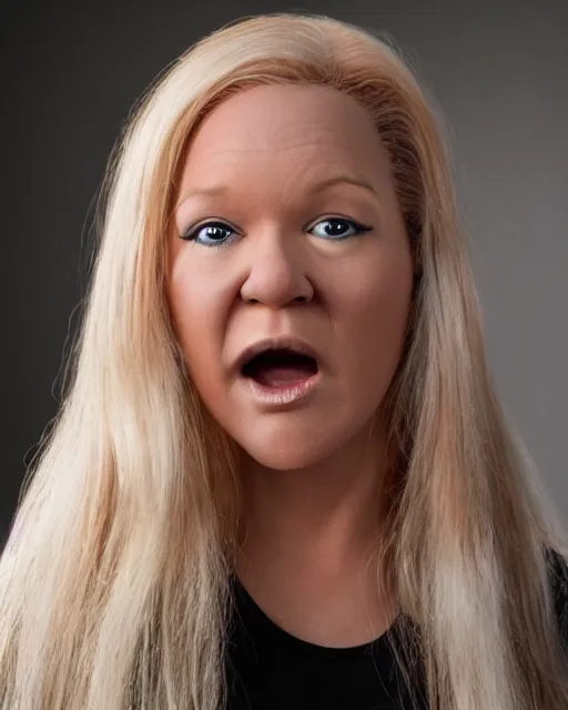 Image similar to angela martin as a muppet. highly detailed felt. hyper real photo. 4 k.