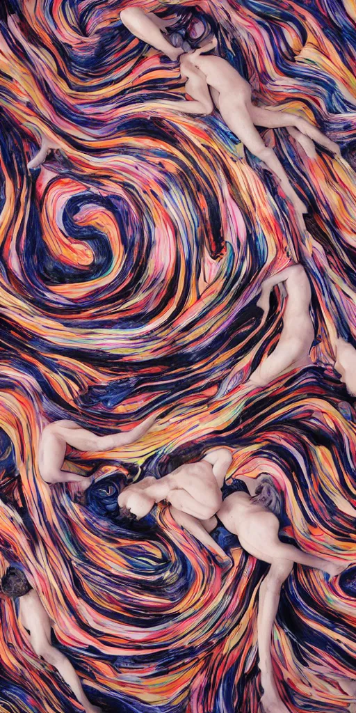 Image similar to bodies made of swirling fabric, two human bodies cuddling