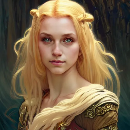 Image similar to an epic fantasy comic book style portrait painting of a young blonde girl thief, d & d, fantasy, joyful smirk, intricate, elegant, highly detailed, digital painting, artstation, concept art, matte, sharp focus, illustration, art by artgerm and greg rutkowski and alphonse mucha, 8 k