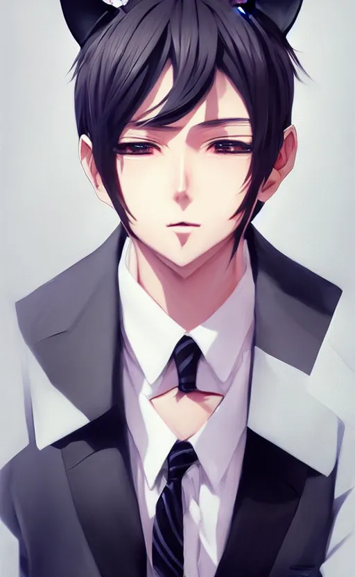 Prompt: A realistic anime portrait of a handsome young man with cat ears wearing a suit, white background, by WLOP and Rossdraws, digtial painting, trending on ArtStation