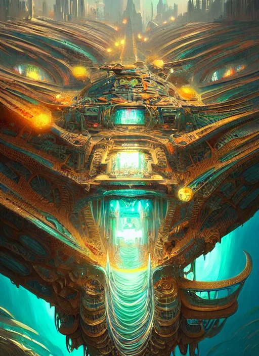 Image similar to hyper detailed ultra sharp of a magicpunk exoticcore overcrowded flying island city trending on artstation, warpaint aesthetic, earthwave, colorful, psychedelic, ornate, intricate, digital painting, concept art, smooth, sharp focus, illustration, art by artgerm and greg rutkowski and h. r. giger, 8 k