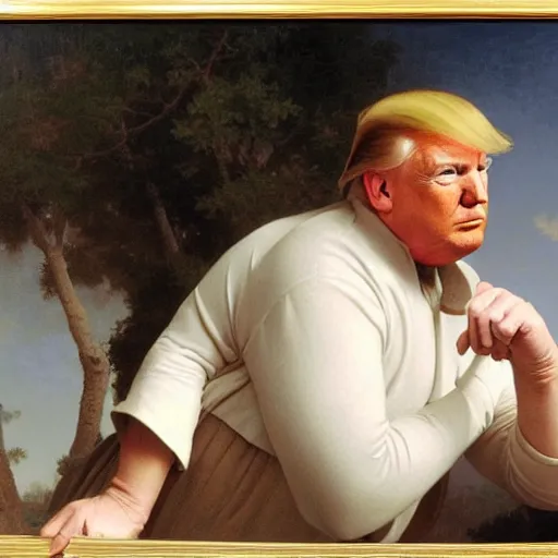 Prompt: Painting of Donald Trump in a tracksuit. Old. Unhappy. No hair. Very Fat. Art by william adolphe bouguereau. Very very very very very very much detailed. 4K. Award winning.