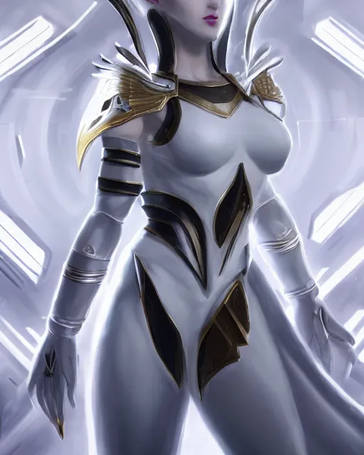 Image similar to perfect white haired attractive egyptian goddess with huge white dove wings, warframe armor, beautiful, symmetric, dreamy, half asian, pretty face, blue eyes, detailed, scifi platform, laboratory, experiment, 4 k, ultra realistic, epic lighting, android body, illuminated, cinematic, masterpiece, art by akihito tsukushi, voidstar