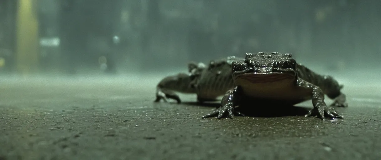 Prompt: Close up of a happy Lepidobatrachus laevis sitting on the floor and facing the camera in a still from the movie Blade Runner (1982), high quality, rain, rain drops, cold neon lighting, 4k, night, award winning photo, beautiful, cute