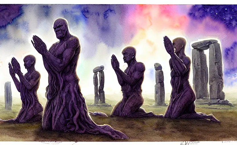 Image similar to a hyperrealist watercolour character concept art portrait of a group of druids kneeling down in prayer to a tall elegant lovecraftian alien on a misty night in stone henge. a battlecruiser starship is in the background. by rebecca guay, michael kaluta, charles vess and jean moebius giraud