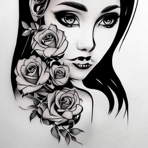 Image similar to tattoo design, stencil, beautiful cleopatra girls face, roses and ivy surrounding by artgerm, artgerm, cat girl, anime