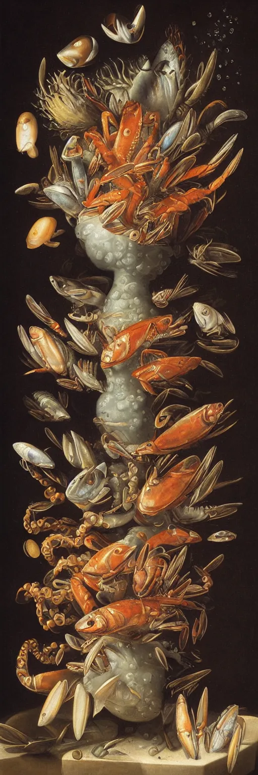 Image similar to A vase of seafood under the sea by Balthasar van der Ast, hyper detailed oil painting