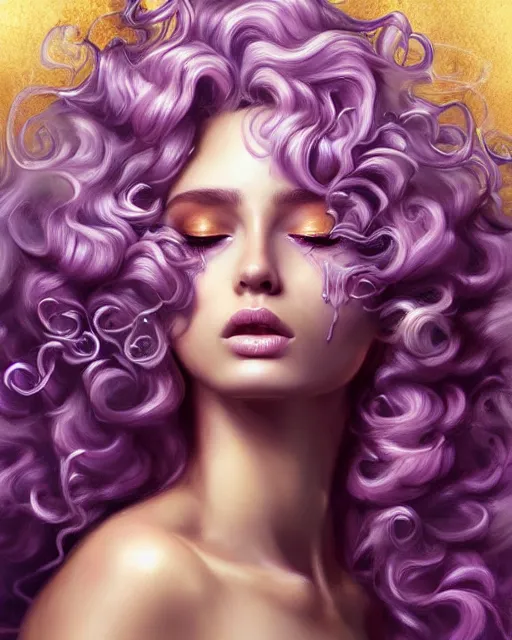 Prompt: beautiful priestess with curly mauve gilded hair, watery smoke swirling, vibrant, artgerm, photorealism, portrait