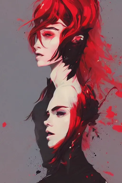 Image similar to a ultradetailed beautiful painting of a stylish female snyth, by conrad roset, red and black, greg rutkowski and makoto shinkai trending on artstation