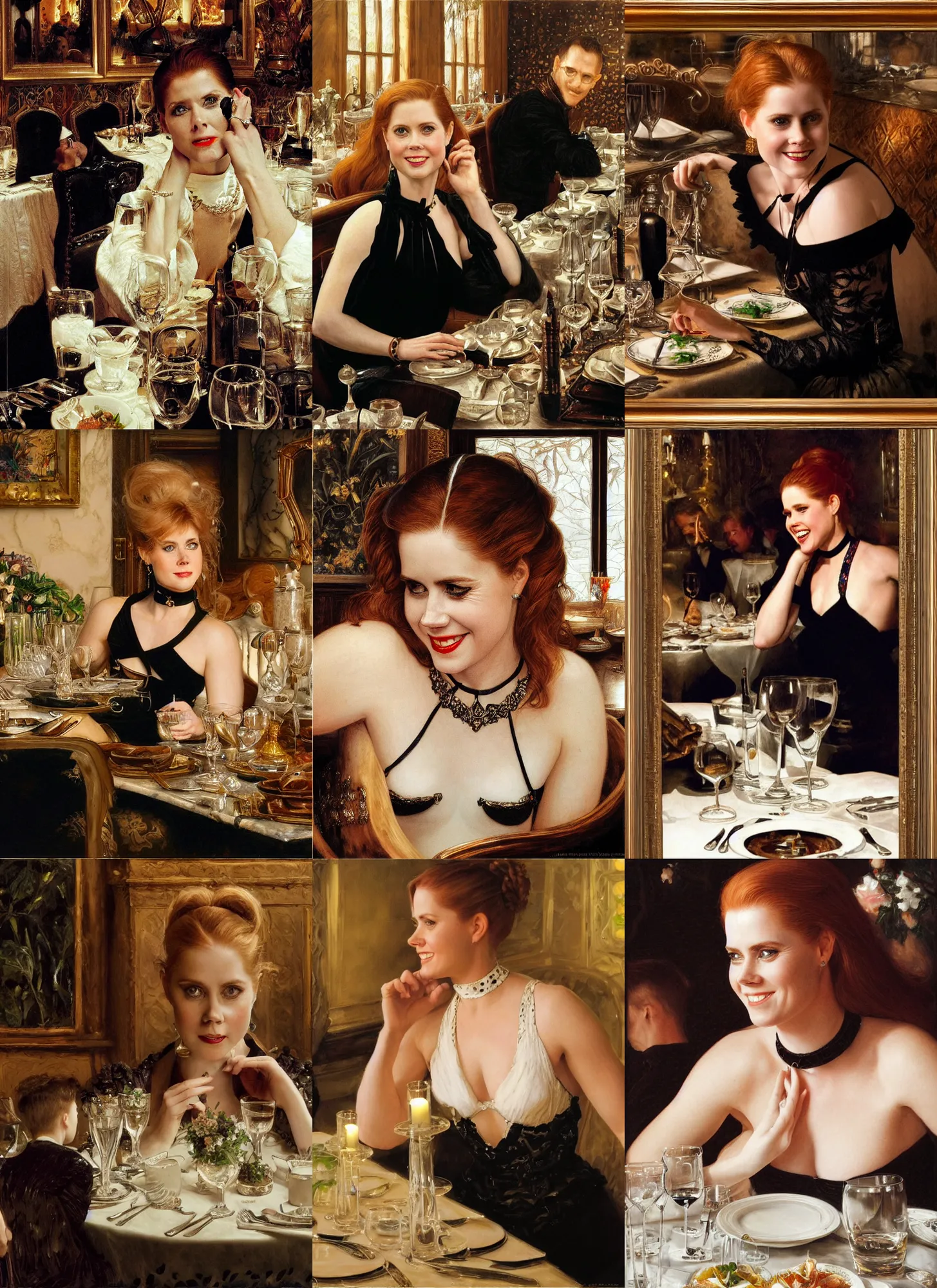 Prompt: dinner with amy adams smiling sitting across the camera wearing a black choker staring into the camera in an expensive private restaurant, 1 9 9 0, intricate, elegant, tasteful, highly detailed, shallow depth of field, artgerm, donato giancola, joseph christian leyendecker