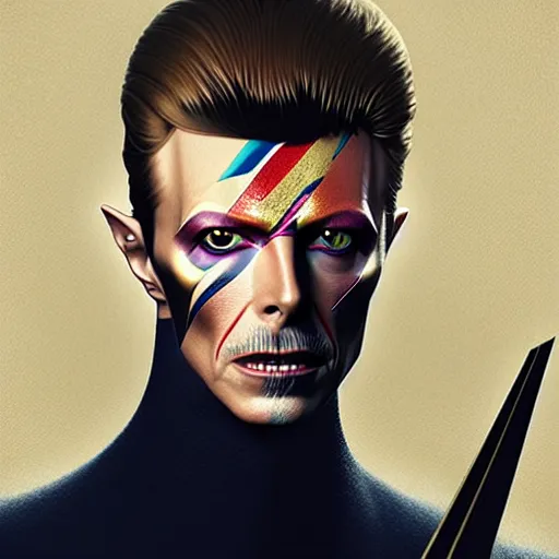 Image similar to portrait of a friendly formal well - groomed david bowie, huge realistic broadsword, elegant, rule of thirds, wide angle, highly detailed, artstation, concept art, matte, sharp focus, art by greg rutkowski, cover by artgerm