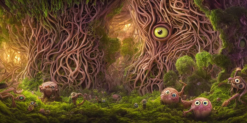 Image similar to of an intricate forest with strange cute friendly happy creatures with huge eyes, mouth, long tongue, round teeth and goofy face, appearing from the background, in the style of gehry and gaudi, macro lens, shallow depth of field, ultra detailed, digital painting, trending artstation, concept art, illustration, cinematic lighting, photorealism, epic, octane render