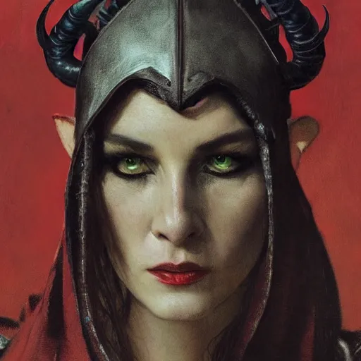 Prompt: masterpiece portrait of a surly and resentful female tiefling thief with small horns clothed in ragged leather armor and a cloak, angry expression, black eyes, by Greg Rutkowski and John Collier and Krenz Cushart and Artem Demura and Alphonse Mucha and Albert Aublet, as seen on ArtStation, 4k, dungeons and dragons, very aesthetic, very detailed, intricate, unreal, fantasy, dramatic, painterly, artstation, sharp focus, smooth