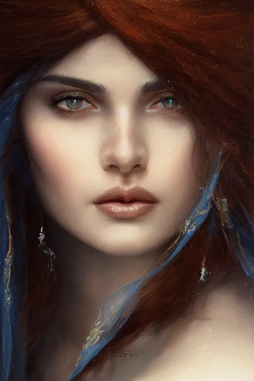 Image similar to ameera al taweel, bright blue eyes, long wavy black hair, white veil, front closeup, cinnamon #b57e59 skin color, highly detailed, centered, oil painting, artstation, concept art by tom bagshaw