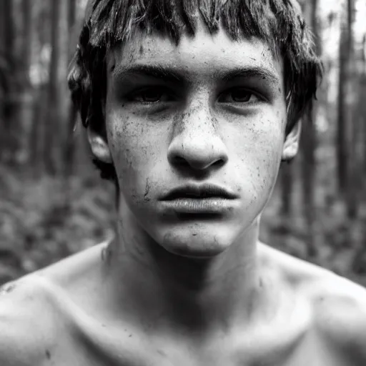 Prompt: detailed portrait of a teenage boy, around 1 9 yo. looking angy. shirtless, tousled hair. muddy face. ominous and eerie looking forest in background.