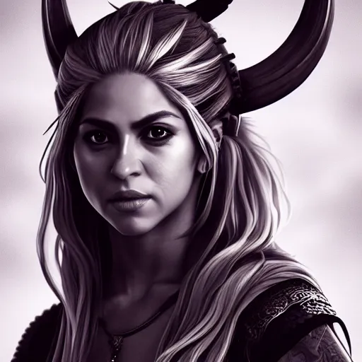 Prompt: full body portrait of shakira, thin but strong viking samurai woman, symmetrical beautiful face, relaxed pose, trending on artstation, high resolution, detailed, smooth, dynamic composition, dramatic lighting, trending on artstation, award winning art, sharp focus