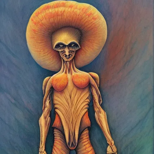 Prompt: full body portrait of an humanoid warrior mushroom, by Gerald Brom