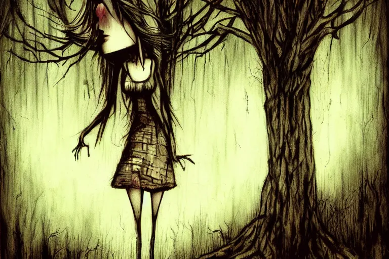 Prompt: mad girl wandering the woods artwork by ben templesmith