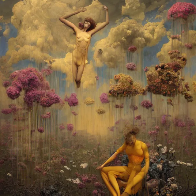 Image similar to A portrait of a woman wearing clothes made out of thunder clouds and flowers, silhouettes of people floating in the air in the background, apocalypse, yellow skin, Masterpiece, glowing, wires everywhere, by Edgar Maxence and Ross Tran, Zdzisław Beksiński, and Michael Whelan, distant, gustav dore, H.R. Giger, 8k, octane render