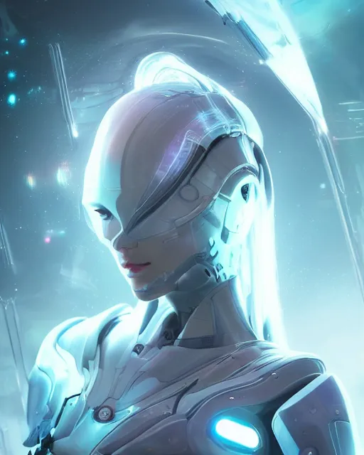 Image similar to perfect android girl on a mothership, warframe armor, beautiful face, scifi, futuristic, galaxy, nebula, raytracing, dreamy, long white hair, blue cyborg eyes, sharp focus, cinematic lighting, highly detailed, artstation, divine, by gauthier leblanc, kazuya takahashi, huifeng huang