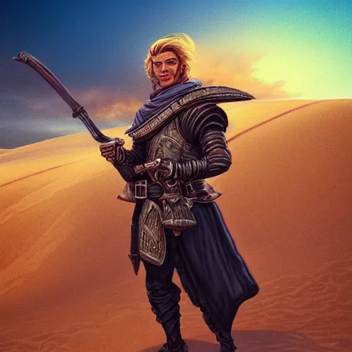 Image similar to a man holding a large blunderbuss. leather armor, no helmet. standing in a sand dune. colorful, bright, fantasy, artgerm, dnd, fantasy, rpg