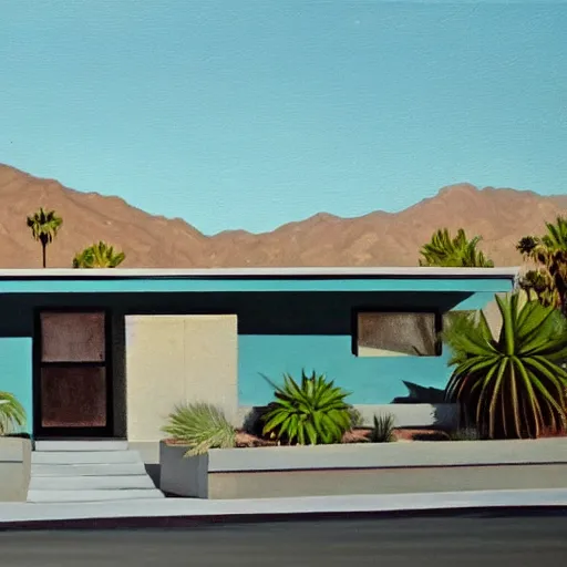 Image similar to an oil painting of a mid century modern house designed by both frank lloyd right and richard sera in palm springs