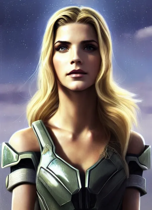 Image similar to portrait of a combination of Ashley Greene, Katheryn Winnick, Victoria Justice and Adriana Dxim, Grace Kelly, Emma Watson and Lily Collins with blonde hair wearing Forerunner Armor from Halo, countryside, calm, fantasy character portrait, dynamic pose, above view, sunny day, thunder clouds in the sky, artwork by Jeremy Lipkin and Giuseppe Dangelico Pino and Michael Garmash and Rob Rey and Greg Manchess and Huang Guangjian, very coherent asymmetrical artwork, sharp edges, perfect face, simple form, 100mm