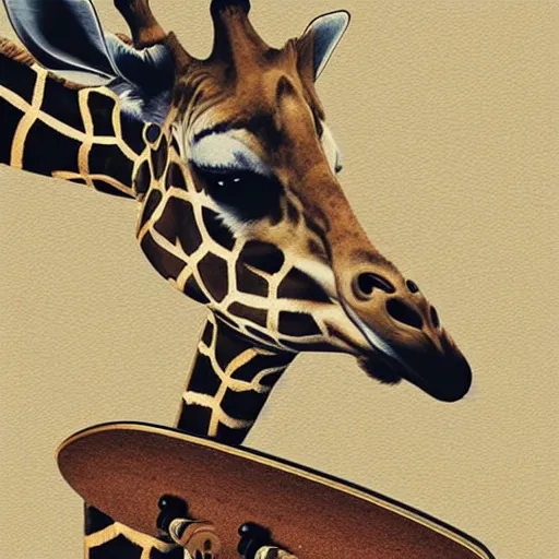 Prompt: a giraffe wearing sunglasses and riding a skateboard, digital art, realistic