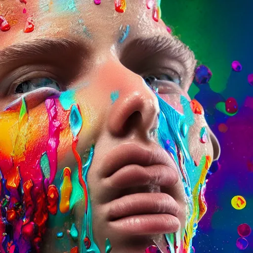 Image similar to a beautiful intricate 3D render of colorful acrylic paint dripping down the face of a humanoid by zach sutton, perfection!, studio lighting, 50mm lens, 3d render, octane render, deep depth of field, artstationHQ, 8K