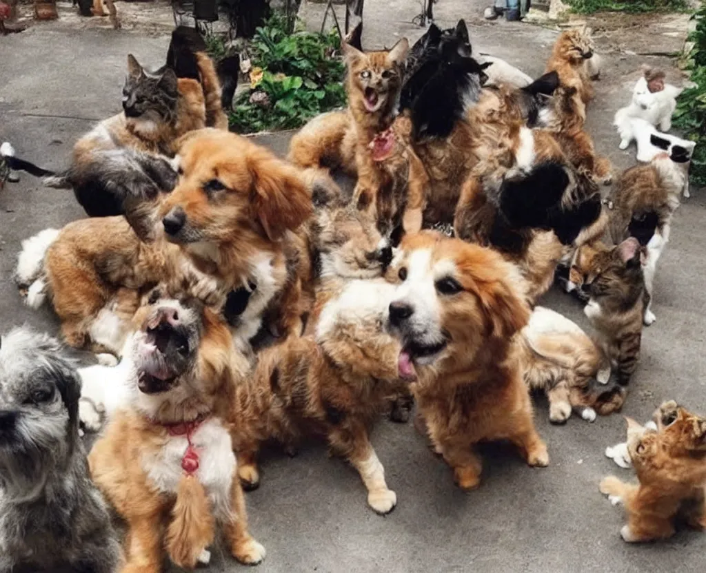 Prompt: cute dog with enormous biceps shouting at a group of cats