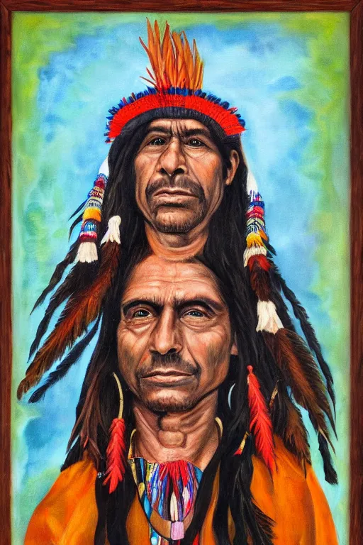 Image similar to Portrait Paintings of a South American Shaman in the style of Luis Tamani