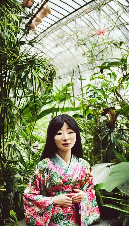Image similar to photograph of a beautiful Japanese woman wearing a pretty kimono in a tropical greenhouse, by Annie Leibowiz, extremely detailed, large format camera, Fuji Provia, bokeh, photorealistic, trending on artstation, trending on instagram