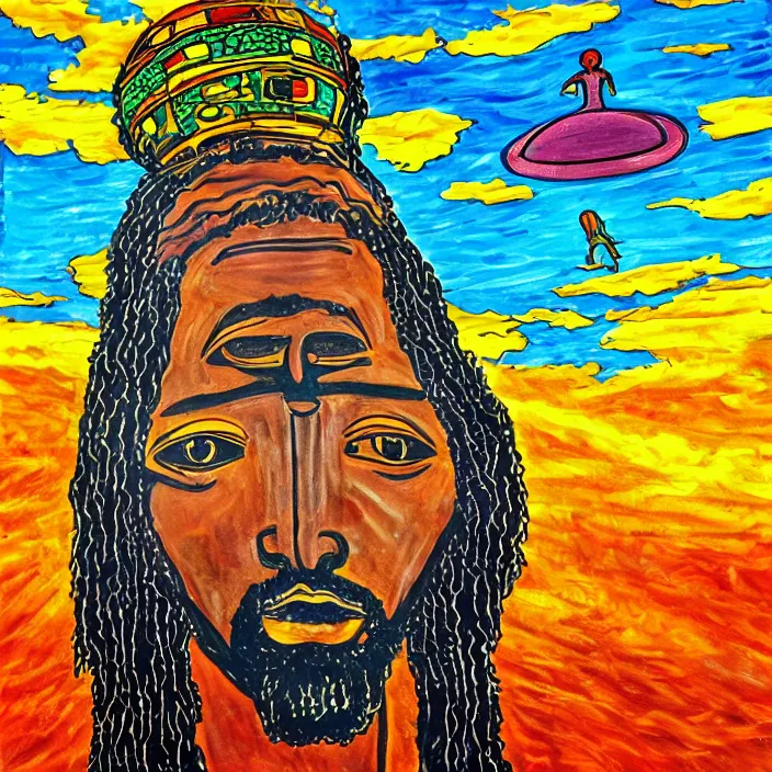 Image similar to UFO hovering over an African Jesus , clouds, colorful, in the style of Nigerian truck art,