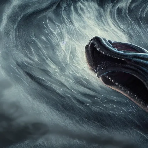 Prompt: top down view of an alien sea serpent emerging from a deep ocean during a storm, cinematic lighting, dramatic, masterpiece, trending on artstation