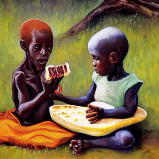 Image similar to oil painting of a malnourished ugandan boy sharing bread with a blond well fed child american, by kelly freas