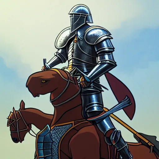 Image similar to illustration of a mounted knight, strong chest, wearing full plate armor, powerful black horse, artstation, detailed cartoon, elegant, digital painting, concept art, smooth, sharp focus, illustration, ghibli, makoto shinkai, don bluth, fujita goro, jean giraud, akihiko yoshida, tom whalen 8 k