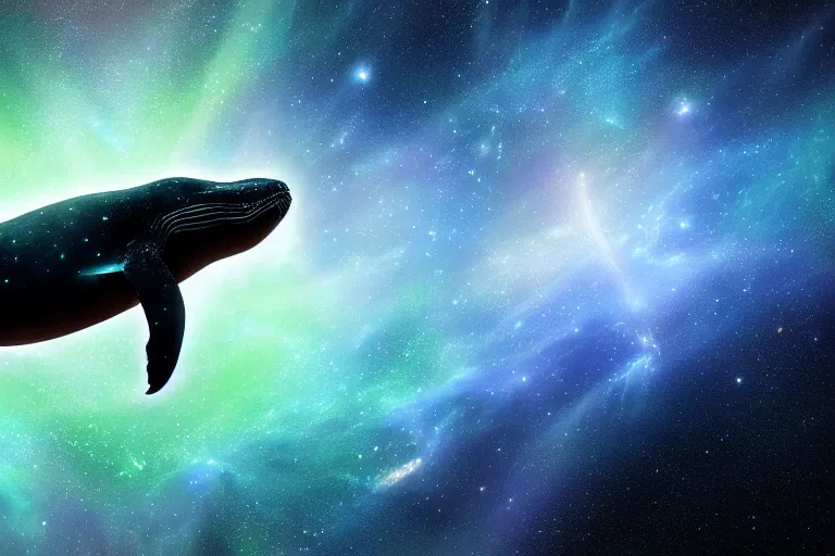 Prompt: a bioluminescent humpback whale swimming through a space nebula leaving stardust trails, digital art, photorealistic