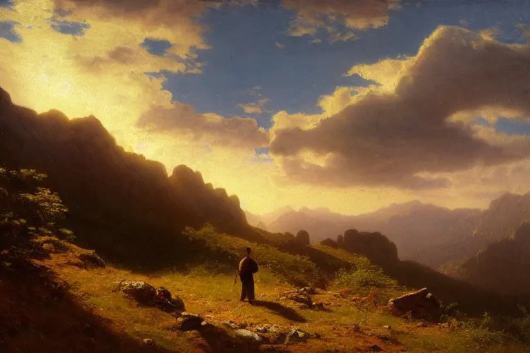 Image similar to a traveler wandering trough the mountains looking at the clouds, very detailed, oil painting, cinematic lighting, albert bierstadt, trending on artstation, colorful, canvas, sunset, hans dahl, theodor kittelsen, hermann hendrich, national geographic