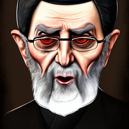 Image similar to potrait of khamenei looking like demon, miserable, horror, dark high detail, sharp high detail, artstation