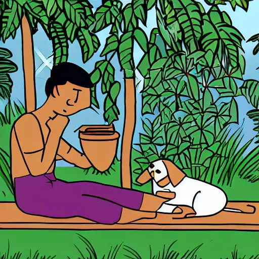 Image similar to a man and a woman sitting on a bench surrounded by plants, a dog sleeping by their feet, cartoon,